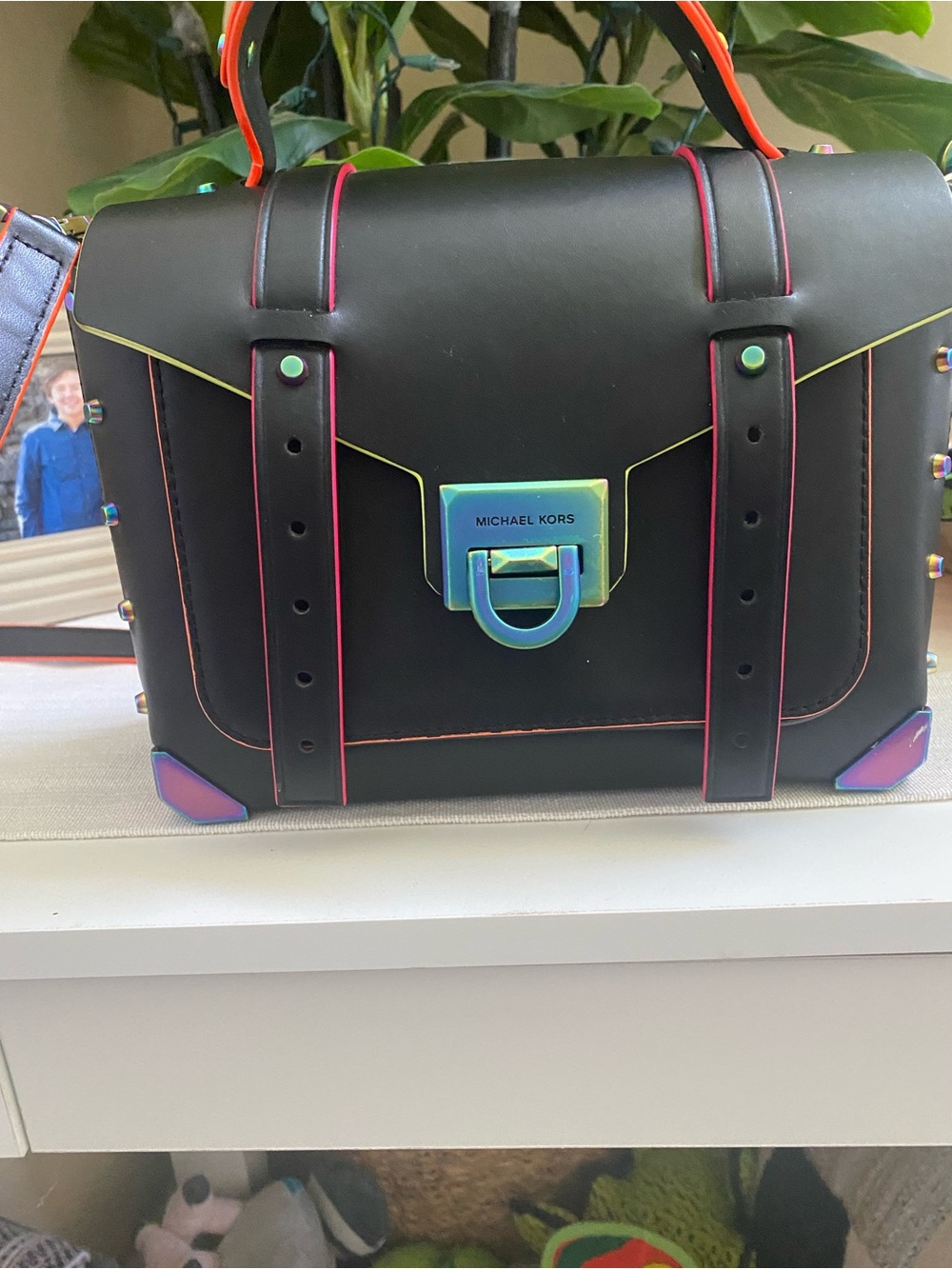 Michael Kors Black Satchel with Neon Orange and Pink Trim - Picture 3 of 4